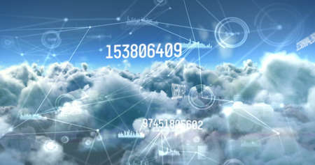 Image of numbers and web of connections over clouds and sky. global science, technology and digital interface concept digitally generated image.の写真素材