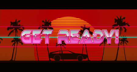 Image of get ready text over car riding on sunset. digital interface image game concept digitally...