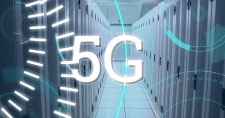 Digital image of futuristic circles moving around 5G with background of corridor of server towers 4k