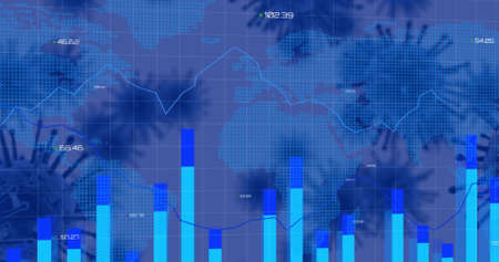 Image of data processing and floating diagram on world map with floating virus cells in the...