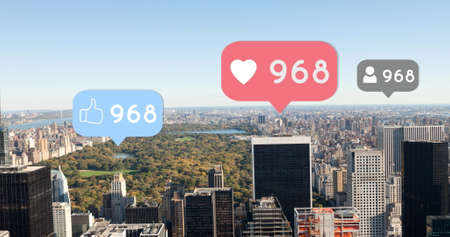 Digital composite of a city with likes, hearts and follow icons increasing in count 4k