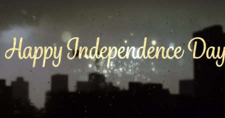 Image of happy independence day with fireworks and cityscape. american patriotism, independence and celebration concept digitally generated image.の写真素材