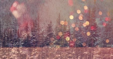 Image of multiple flickering yellow and red spots of light over winter scenery. christmas seasons festivity celebration concept digitally generated image.の写真素材