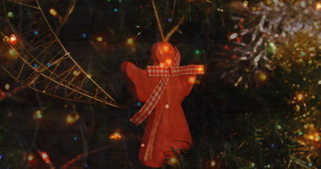 Image of christmas tree with decorations and flickering fairy lights. christmas seasons festivity celebration concept digitally generated image.の写真素材