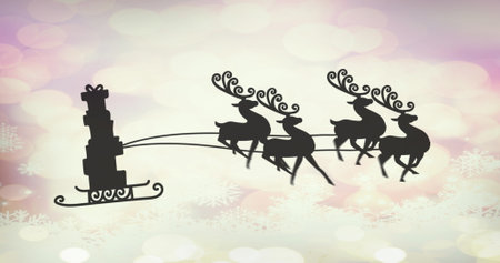 Digital image of black silhouette of christmas gifts in sleigh being pulled by reindeers against spots of lights on purple background. christmas festivity celebration tradition conceptの写真素材