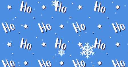 Digital image of snowflakes moving over multiple ho text and stars against blue background....