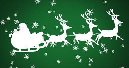 Image of white silhouette of santa claus in sleigh being pulled by reindeer on green background. christmas festivity celebration concept digitally generated image.の写真素材