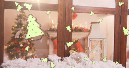 Digital image of multiple christmas tree icons falling against wooden window frame. christmas festivity celebration tradition conceptの写真素材