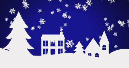 Digital image of snow flakes falling over winter landscape against blue background. christmas festivity celebration tradition conceptの写真素材