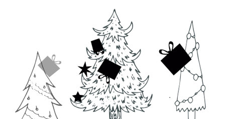 Digital image of gift boxes moving over three christmas trees against white background. christmas festivity celebration tradition conceptの写真素材