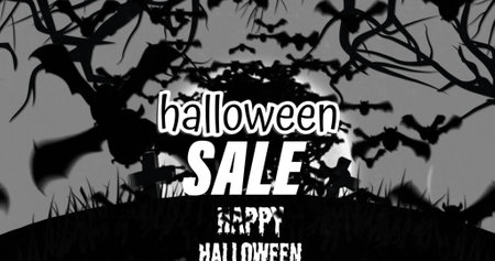 Image of halloween greetings text over spooky black and white tree, grave crosses and moon. fright, halloween tradition and celebration concept digitally generated image.の写真素材