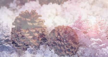 Image of two pine cones in snow over winter scenery. christmas seasons festivity celebration concept...