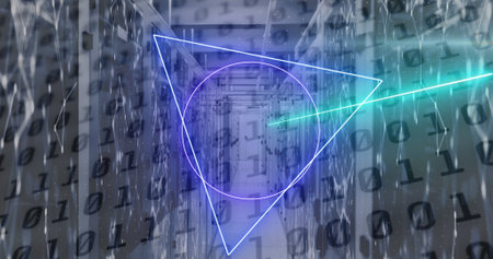 Image of neon shapes moving over server room. global social media, connections and digital interface concept digitally generated image.の写真素材