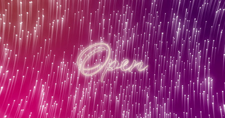 Image of text, open, in white neon, with light trails on pink background. online communication and social media message concept, digitally generated image.の写真素材