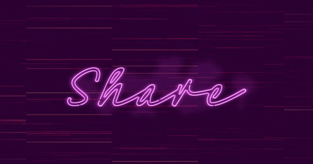 Image of text, share, in pink neon, on dark background. positive feelings and wellbeing social media message concept, digitally generated image.の写真素材