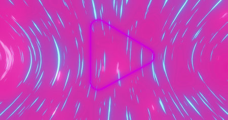 Image of play button flickering on pink and blue neon tunnel background. image game and entertainment concept digitally generated image.の写真素材