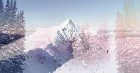 Image of winter scenery with skiers in mountains. christmas festivity celebration concept digitally generated image.の写真素材