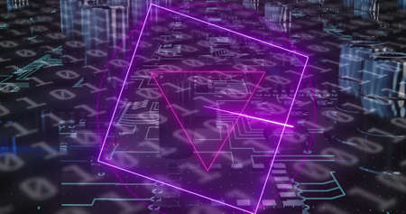 Image of neon shapes moving over network of connections. global social media, connections and digital interface concept digitally generated image.の写真素材