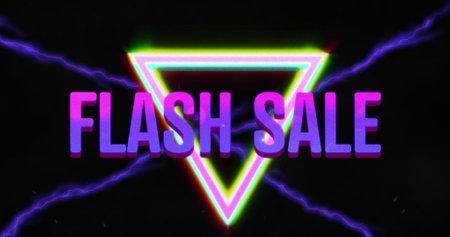 Image of flash sale text and neon triangle on black background. retail and shopping concept digitally generated image.の写真素材