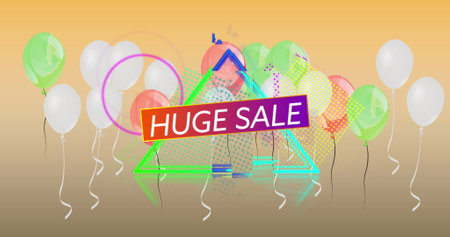 Image of huge sale text over neon triangle and balloons on orange background. sale, retail and savings concept digitally generated image.の写真素材