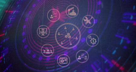 Image of digital icons over glowing neon tunnel background. digital interface, colour, movement and light concept digitally generated image.の写真素材