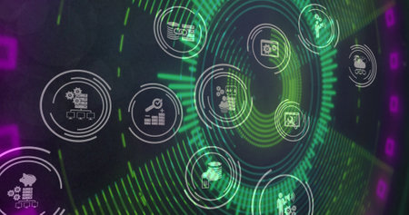 Image of digital icons over glowing neon tunnel background. digital interface, colour, movement and...