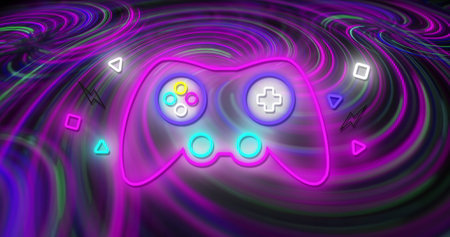 Image of neon game control pad flickering on vibrant neon background. image game and entertainment concept digitally generated image.の写真素材