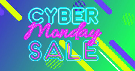 Image of cyber monday sale neon text with abstract shapes on green to blue gradient background. retro retail, shopping and savings concept digitally generated image.の写真素材