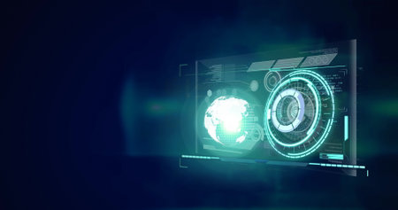 Neon round scanner spinning over digital interface with data processing against blue background....