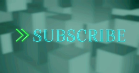 Digital image of glowing neon subscribe text against multiple blocks against grey background. social media networking and technology conceptの写真素材