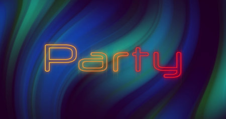 Image of text party, in orange and red neon on blue and green swirling background. digital communication, celebration and social media concept, digitally generated image.の写真素材