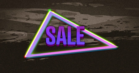 Image of retro sale purple text over neon triangle on distressed grey background. vintage retail, savings and shopping concept digitally generated image.の写真素材