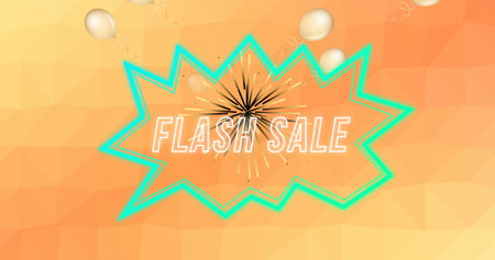 Image of words flash sale in white with green neon explosion, firework and bubbles on orange. retail trade business communication celebration concept, digitally generated image.の写真素材