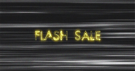 Image of retro flash sale text in neon yellow on flickering lines on grey background. vintage retail, savings and shopping concept digitally generated image.の写真素材