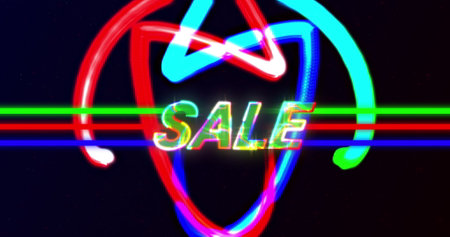 Image of sale text in glowing colourful letters over neon lines and light trails. Retro shopping, retail and savings concept digitally generated image.の写真素材