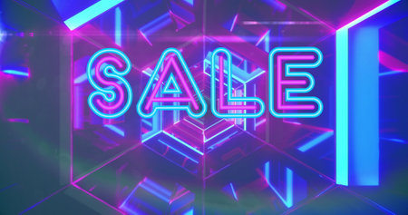 Image of sale neon text over neon pink and blue tunnel in background. retro retail and savings concept digitally generated image.の写真素材