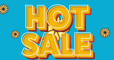 Image of hot sale neon text over flowers in background. retro sales, retails and savings concept digitally generated image.の写真素材