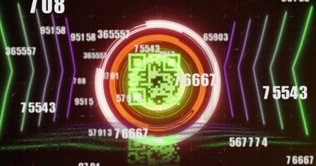 Image of qr code, scope scanning and numbers changing over neon elements in background. Digital interface global connection and communication concept digitally generated image.の写真素材