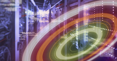 Digital image of round neon scanner and data processing against empty server room. computer interface and cyber security conceptの写真素材