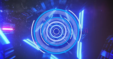 Image of scope scanning and flashing neon lines on blue background. Digital interface global connection and communication concept digitally generated image.の写真素材