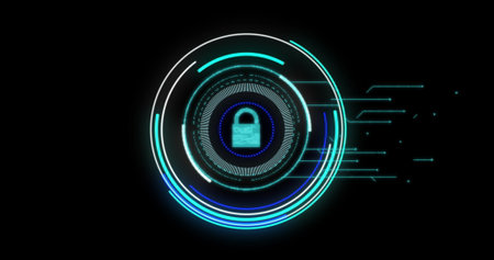 Security padlock icon over blue neon round scanner against black background. cyber security and computer interface technology conceptの写真素材