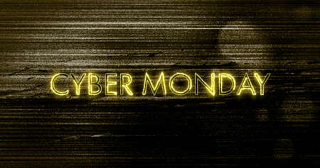 Image of cyber monday text in yellow neon over flickering lines on distressed background. retail, savings and online shopping concept digitally generated image.の写真素材