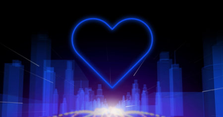 Image of blue neon heart flashing over blue cityscape on black. valentine's day, love and romance concept, digitally generated imageの写真素材