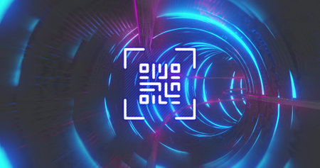 Image of glowing QR code with blue and pink neon elements in tunnel in the background. Global online security data technology concept digitally generated image.の写真素材