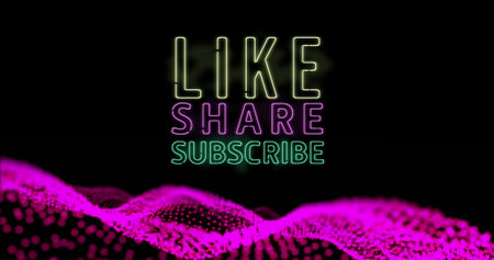 Image of neon like share subscribe text over abstract waving mesh with pink spots. global connection communication technology movement concept digitally generated image.の写真素材