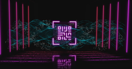 Image of glowing QR code with pink and red neon elements over DNA strand spinning on black background. Global online security data technology concept digitally generated image.の写真素材
