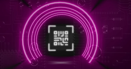 Image of glowing QR code with pink neon circle elements and pink circuit board in the background. Global online security data technology concept digitally generated image.の写真素材