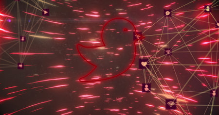Image of digital interface with flashing neon bird and network of connections over spinning red...