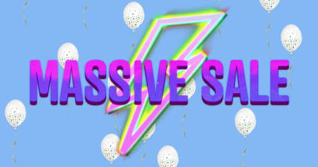 Image of Massive Sale text on neon flash against white balloons flying on blue background. Happy Valentines Day Sale celebration concept digitally generated image.の写真素材