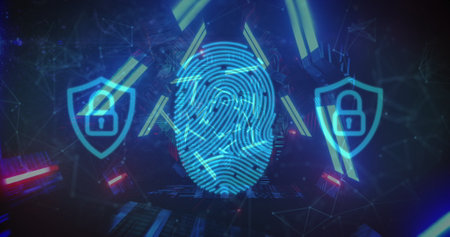 Image of digital interface padlocks, biometric fingerprint with moving blue neon tunnel in the background. Global technology online security concept digitally generated image.の写真素材
